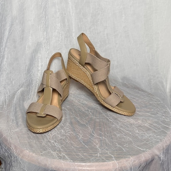Lucky Brand Cork Wedge Heel Espadrilles Sandals T-strap Stretch Slingback 9.5 - Picture 5 of 17